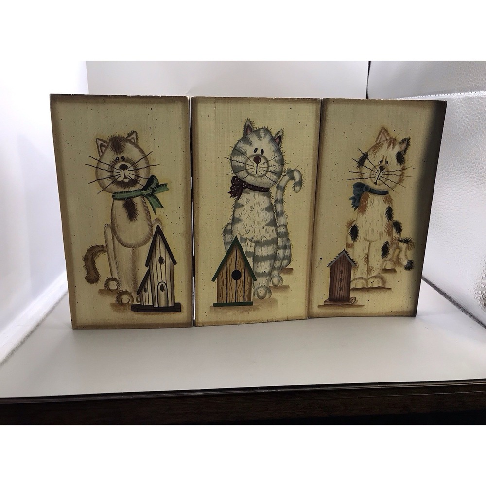 Mary Ann June 3 Hinged Wooden Plaques Of Kittys And Their Birdhouses 11.5" X 7"